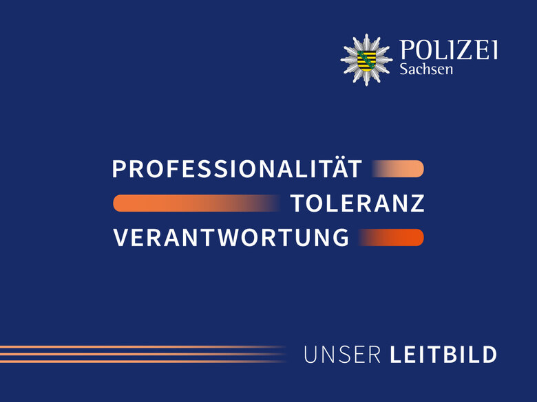 Das Logo des Leitbilder des Polizei Sachsen zeigt Schlagworte: Professionalität, Toleranz und Verantwortung