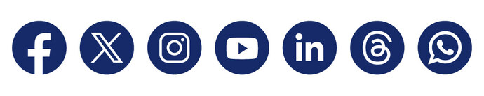 Social-Media-Icons der Netzwerke Facebook, X (ehemals Twitter), Instagram, YouTube, LinkedIn, Threads, WhatsApp.