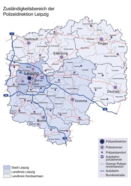 Übersichtskarte Revierbereiche der Polizeidirektion Leipzig