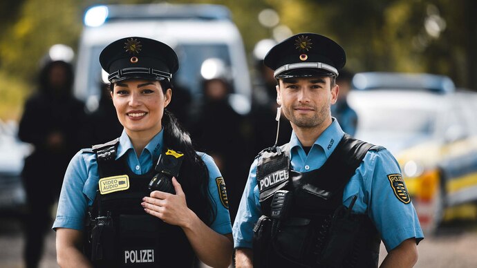 Eine Polizistin und ein Polizist blicken freundlich direkt zum Betrachter. Beide tragen die blaue Uniform mit dem Wappen der Polizei Sachsen und die Schirmmütze mit dem sogenannten Polizeistern. Im Hintergrund: weitere Kolleginnen und Kollegen.