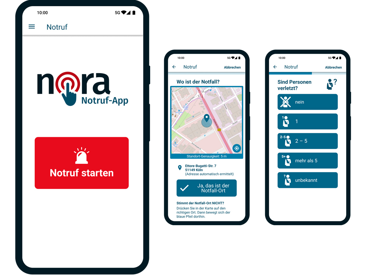 Display-Ansichten der Nora-Notruf-App