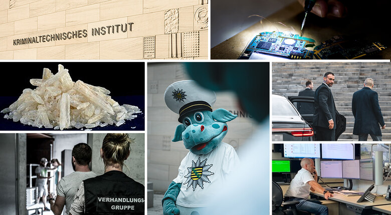 Collage LKA: Verhandlungsgruppe, POLDI, Personenschutz, KTI, Lagedienst, Chip